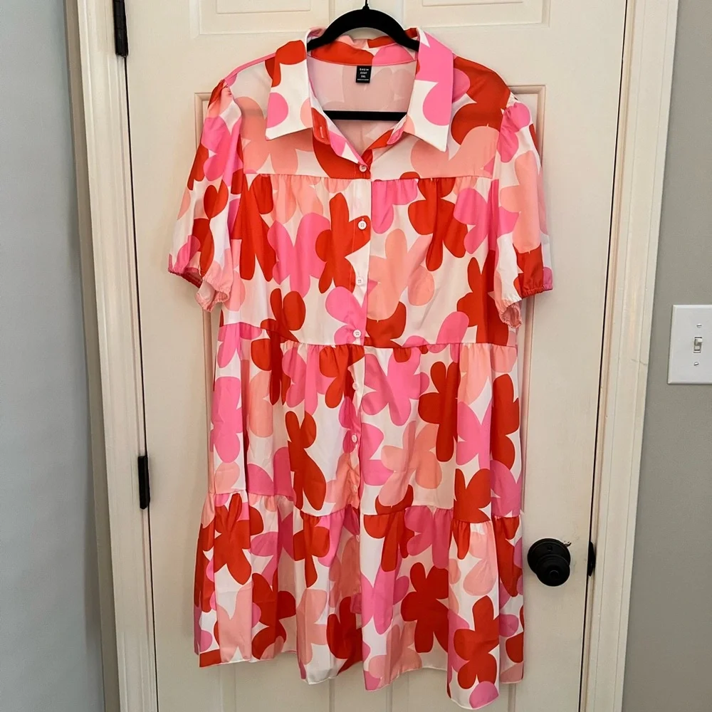Shein White Dress with Pink & Red Flowers